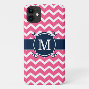 Girly Pink Chevron Blue Custom Monogram iPhone 11 Case