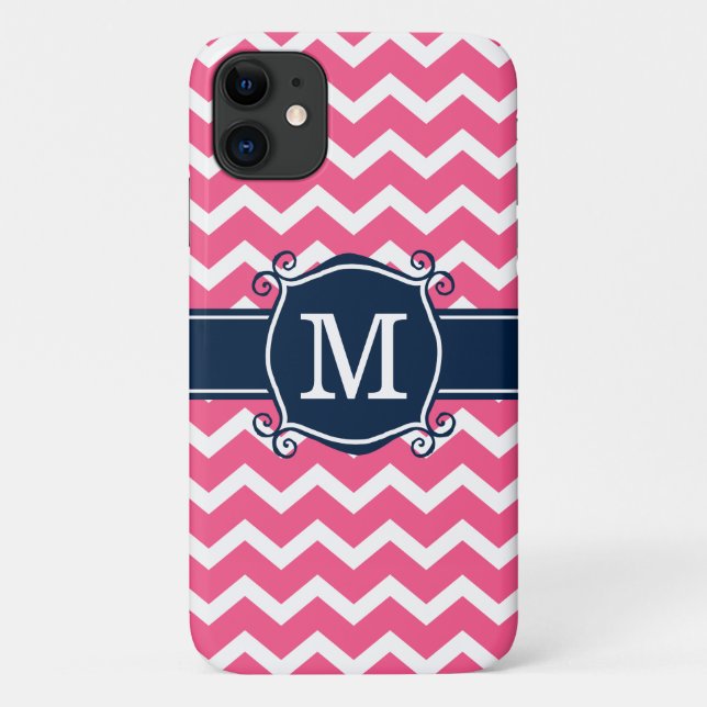 Girly Pink Chevron Blue Custom Monogram Case-Mate iPhone Case (Back)