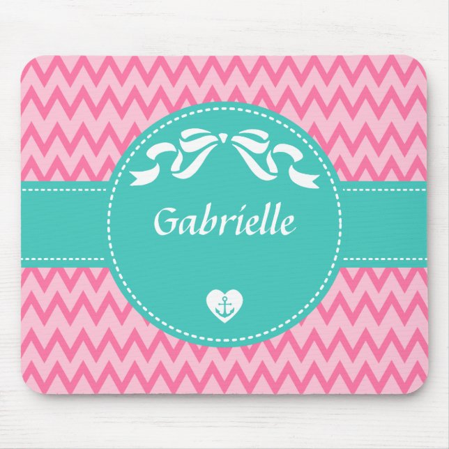 Girly Pink Chevron Pattern Cute Mint Bow With Name Mouse Pad (Front)