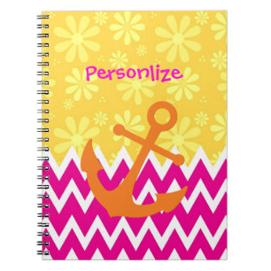 Girly Pink Chevrons Nautical Anchor With Name Notebook