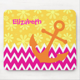 Girly Pink Chevrons Orange Anchor With Name Mouse Pad
