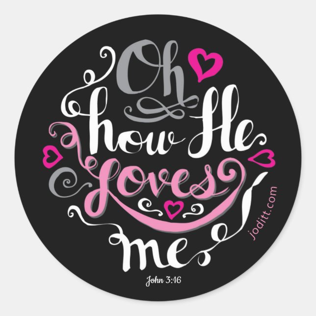 Girly Pink Christian Valentine Jesus Loves Me  Classic Round Sticker (Front)