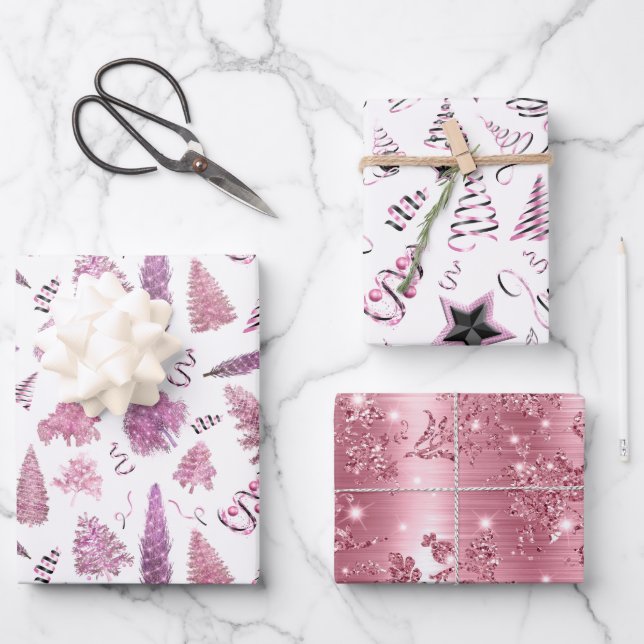 Girly Pink Christmas Chic Trees  Wrapping Paper Sheet (Front)