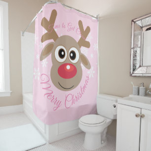 Girly Pink Christmas Cute Cartoon Reindeer Script Shower Curtain