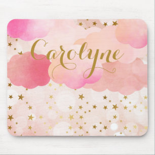 Girly Pink Clouds and Falling Stars Personalised Mouse Pad