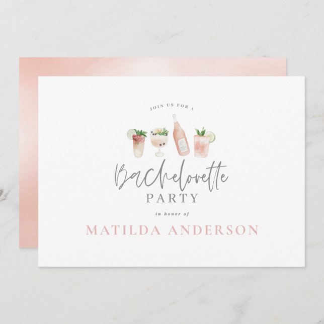 Girly pink cocktail stylish bachelorette party announcement (Front/Back)