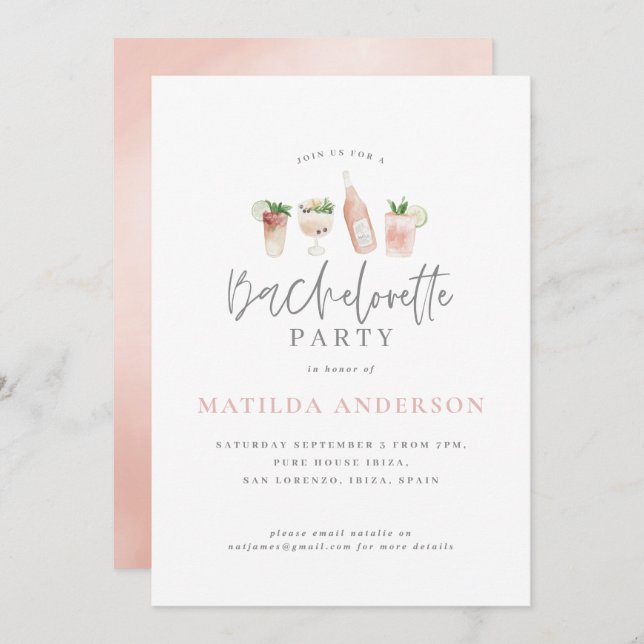 Girly pink cocktail stylish bachelorette party announcement (Front/Back)