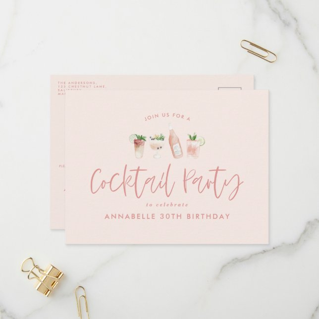 Girly pink cocktail stylish birthday party invitation postcard (Front/Back In Situ)