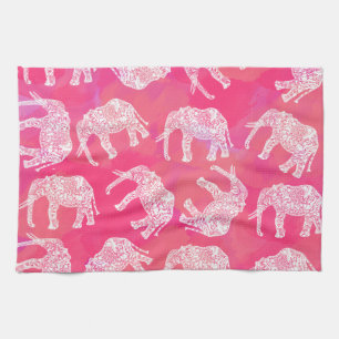 girly pink colourful tribal floral elephant patter tea towel