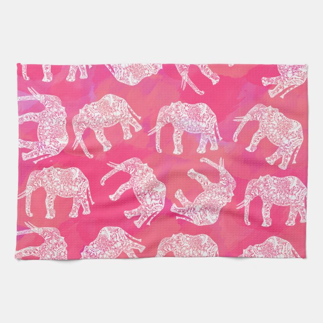 girly pink colourful tribal floral elephant patter tea towel (Horizontal)