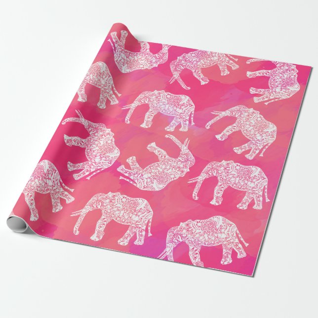girly pink colourful tribal floral elephant wrapping paper (Unrolled)
