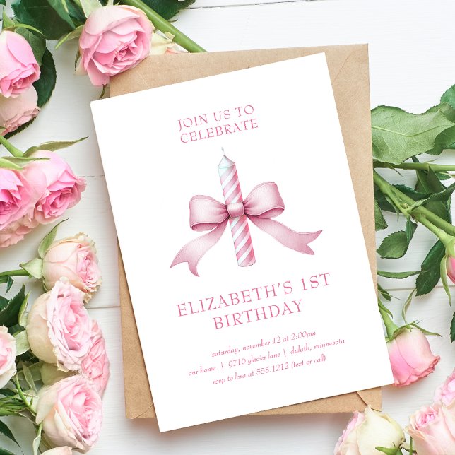 Girly Pink Coquette Bow Candle 1st Birthday  Invitation (Girly Pink Coquette Bow Candle 1st Birthday Invitation)
