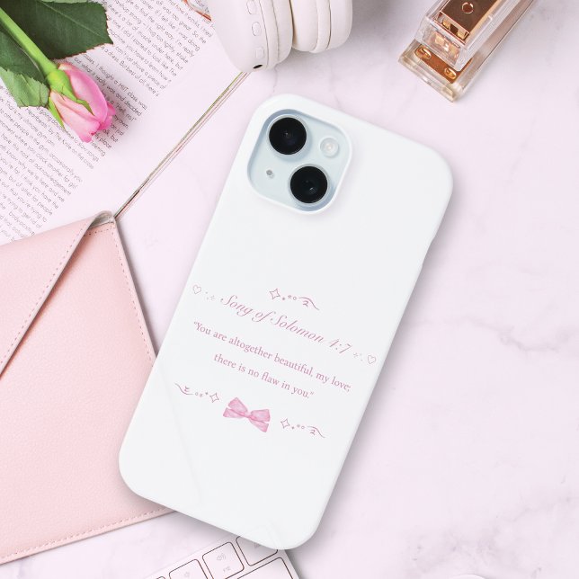 Girly Pink Coquette Bow Christian Bible Verse Case-Mate iPhone Case (This white and pink iPhone case featuring Bible scripture is a great Christian gift for girls)