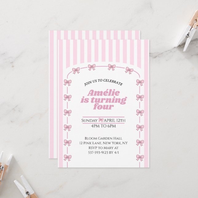 Girly Pink Coquette Bow Fourth Birthday Party Invitation (Front/Back In Situ)