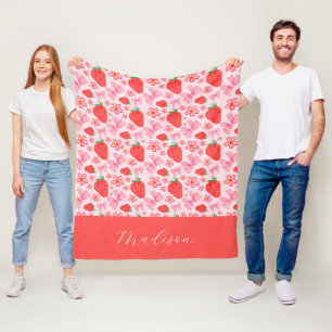 Girly Pink Coquette Bow Strawberry Custom Name Fleece Blanket