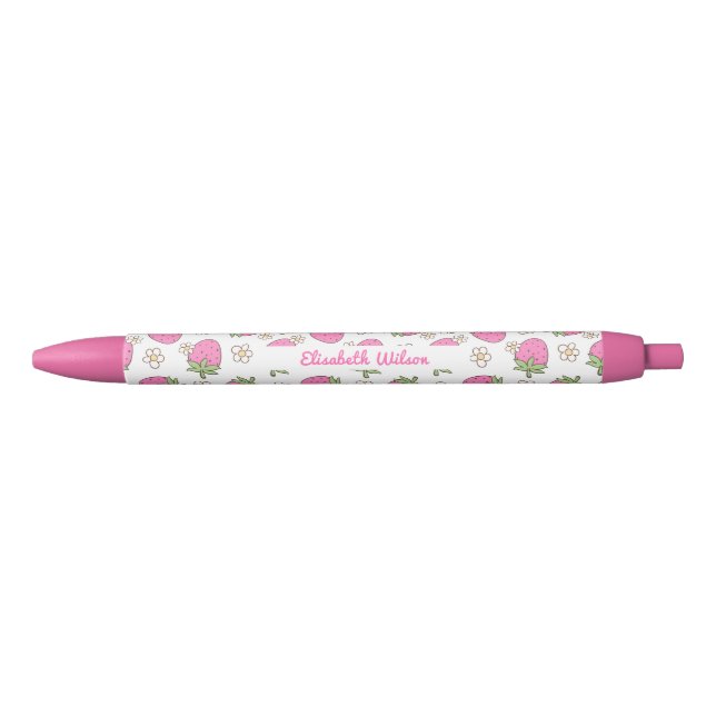 Girly Pink Coquette Strawberry Flower Script Name Black Ink Pen (Front)