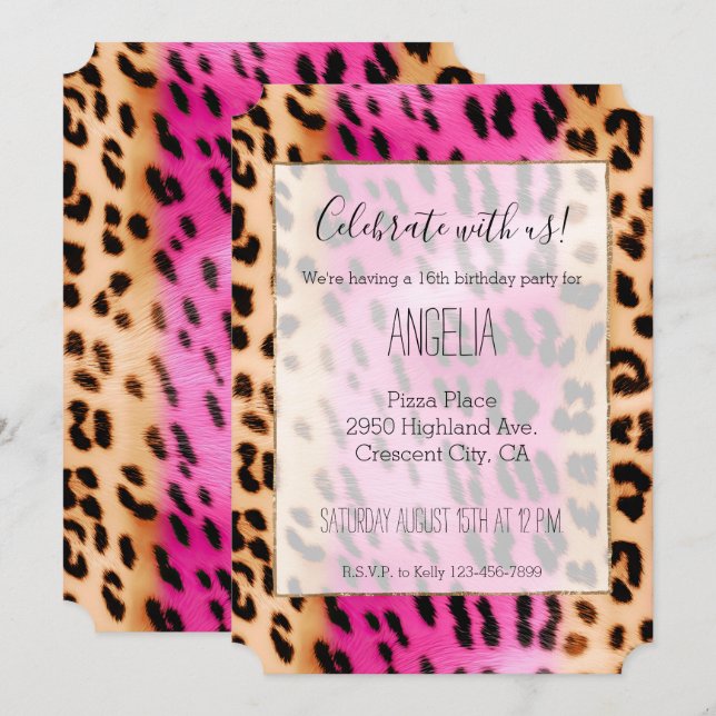 Girly Pink Cream Black Leopard Print Invitation (Front/Back)
