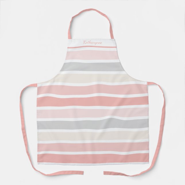 Girly Pink Cream Grey Stripes Personalised Apron (Front)