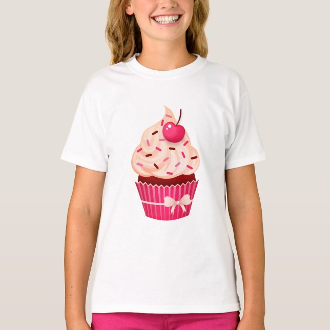Girly Pink Cupcake With Sprinkles and Cherry T-Shirt (Front)