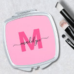 Girly Pink Custom Initial Name Monogram Compact Mirror<br><div class="desc">Personalised Create Your Own Girly Pink Initial Name Monogram Compact Mirror. Add a fun, girly touch to your daily routine with this chic compact mirror. Featuring a bright baby pink background, a bold magenta hot pink initial, and a flowing black script name, this mirror offers a personalised and stylish flair...</div>