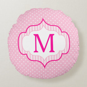 Girly Pink Custom Monogram Polka Dot Pattern Round Cushion