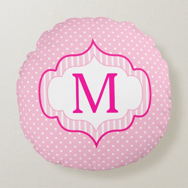 Girly Pink Custom Monogram Polka Dot Pattern Round Cushion (Front)
