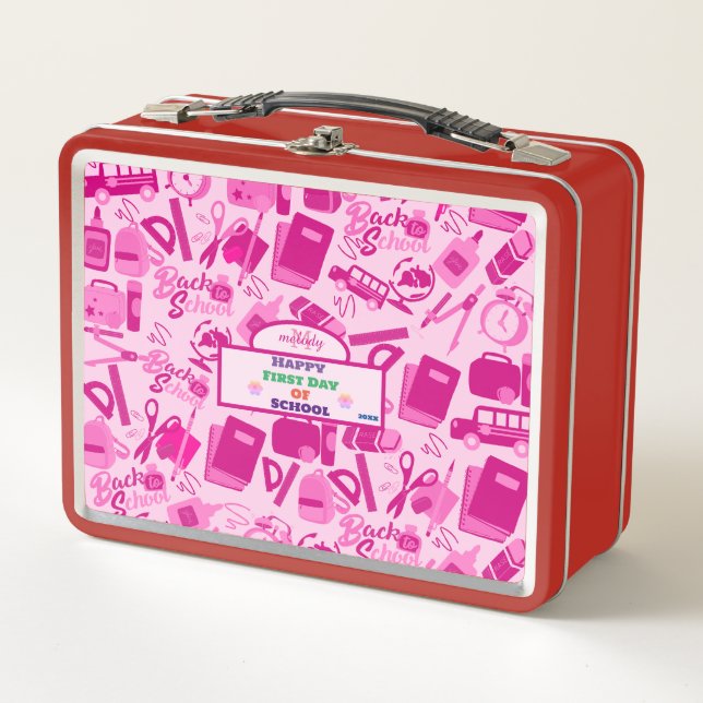 girly pink Customisable Back to School Pattern Metal Lunch Box (Front)