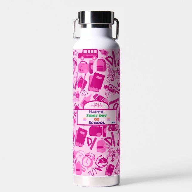 girly pink Customisable Back to School Pattern Water Bottle (Front)