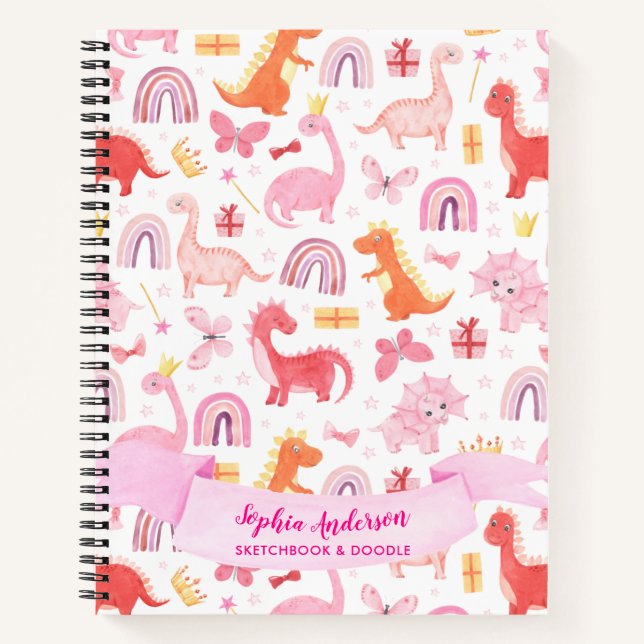 Girly Pink Cute Dino Dinosaur Custom Name Notebook (Front)