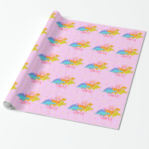 Girly Pink Cute Dinosaurs With Love Hearts Pattern Wrapping Paper