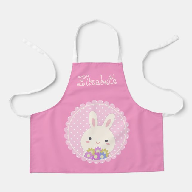 Girly Pink Cute Kawaii Bunny & Flowers Custom Name Apron (Front)