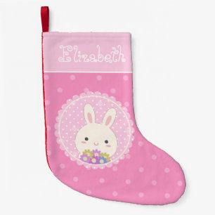 Girly Pink Cute Kawaii Bunny & Flowers Custom Name Small Christmas Stocking