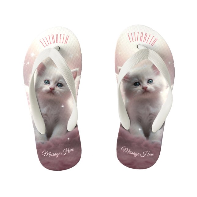 Girly Pink Cute Kitten with Angel Wings Kid's Thongs (Footbed)