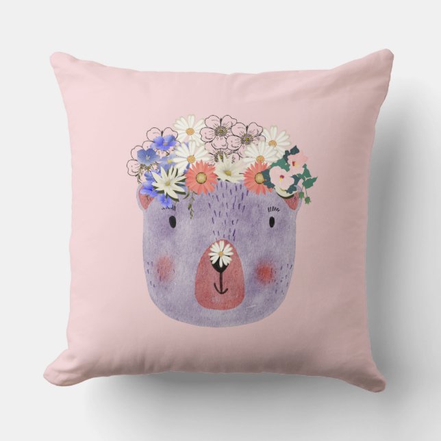 Girly pink cute wild animal with flowers nursery   cushion (Front)