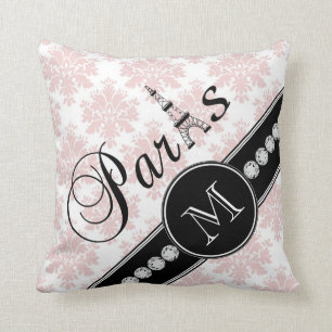 Girly Pink Damask Black Paris Monogram Cushion