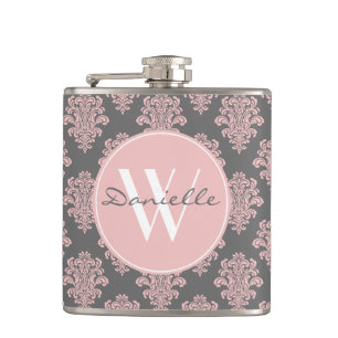 Girly Pink Damask Monogram Hip Flask