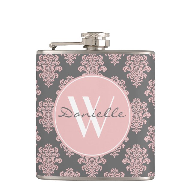 Girly Pink Damask Monogram Hip Flask (Front)