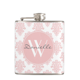 Girly Pink Damask Monogram Hip Flask