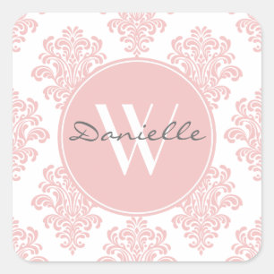 Girly Pink Damask Monogram Square Sticker