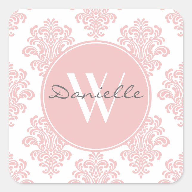 Girly Pink Damask Monogram Square Sticker (Front)