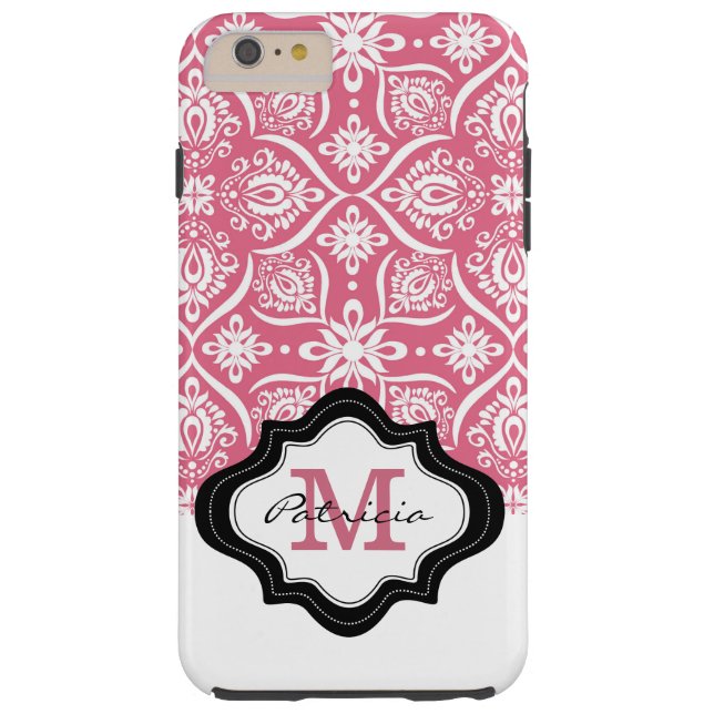 Girly Pink Damask Pattern  Monogram  Name Case-Mate iPhone Case (Back)