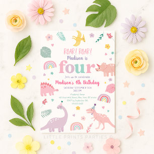 Girly Pink Dinosaur 4th Birthday Invitation