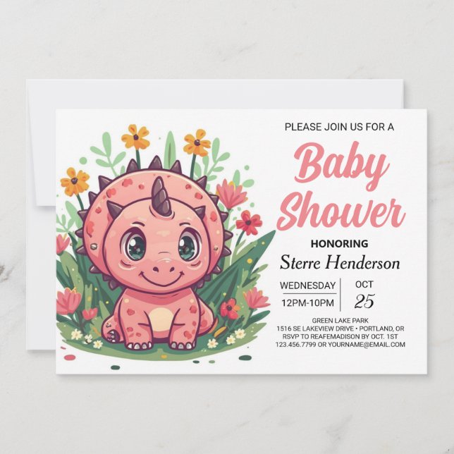 Girly Pink Dinosaur Girl Baby Shower Invitation (Front)