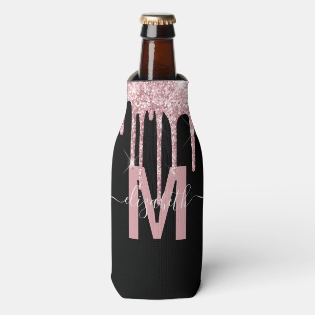 Girly Pink Dripping Glitter Monogram Name Bottle Cooler (Bottle Front)