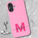 Girly Pink Elegant Minimal Name Monogram iPhone 16 Case<br><div class="desc">Personalised Hot Pink and Magenta Initial Monogram Phone Case. Add a pop of bright, happy colour to your phone with this chic and personalised phone case. Featuring a vibrant pink background and a bold magenta hot pink initial, paired with a sleek black script name, this design combines fun with femininity...</div>