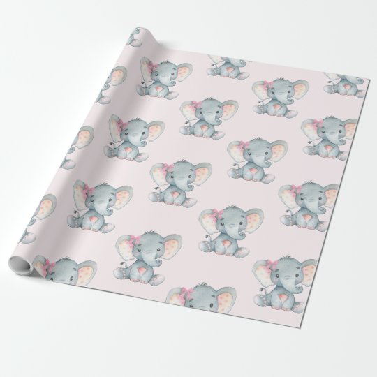 Girly Pink Elephant Baby Girl Shower 1st Birthday Wrapping Paper ...