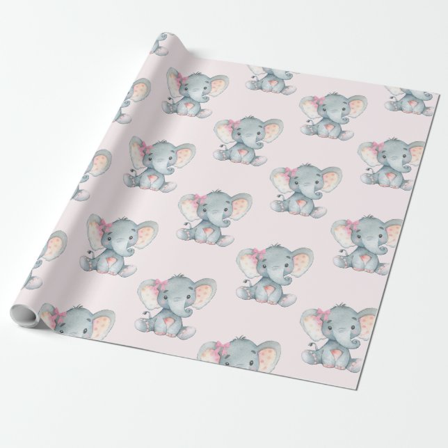 Girly Pink Elephant Baby Girl Shower 1st Birthday Wrapping Paper (Unrolled)