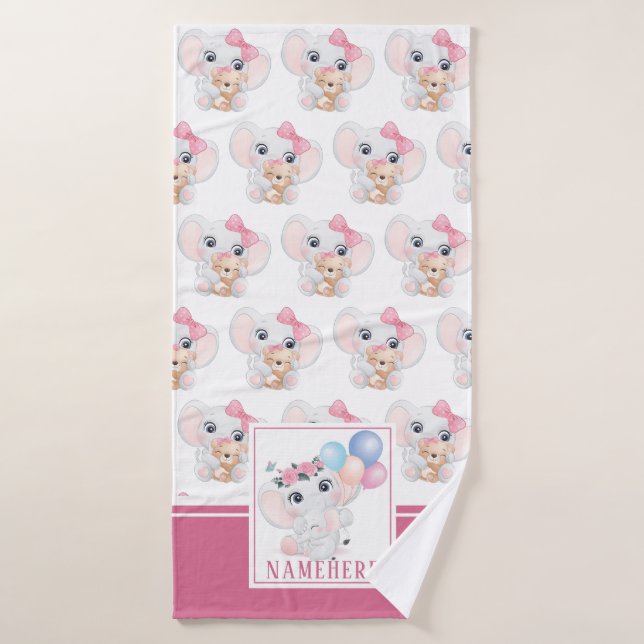 Girly Pink Elephant with Bow and Balloon Pattern Bath Towel (Bath Towel)