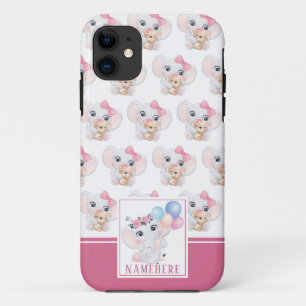 Girly Pink Elephant with Bow and Balloon Pattern iPhone 11 Case