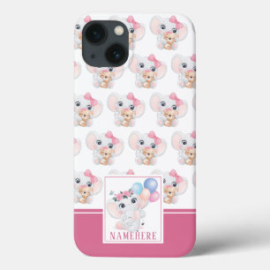 Girly Pink Elephant with Bow and Balloon Pattern iPhone 13 Case